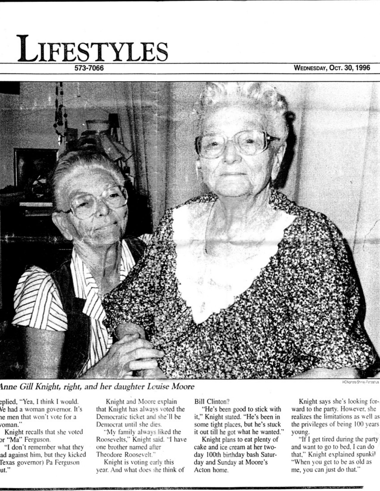 Hood County News article, page 2: photo of Anne Gill Knight and her daughter Louise Moore